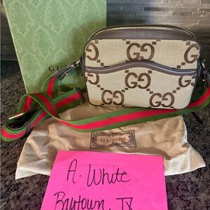 Gucci Brown and Beige Leather Bag with Green and Red Strap